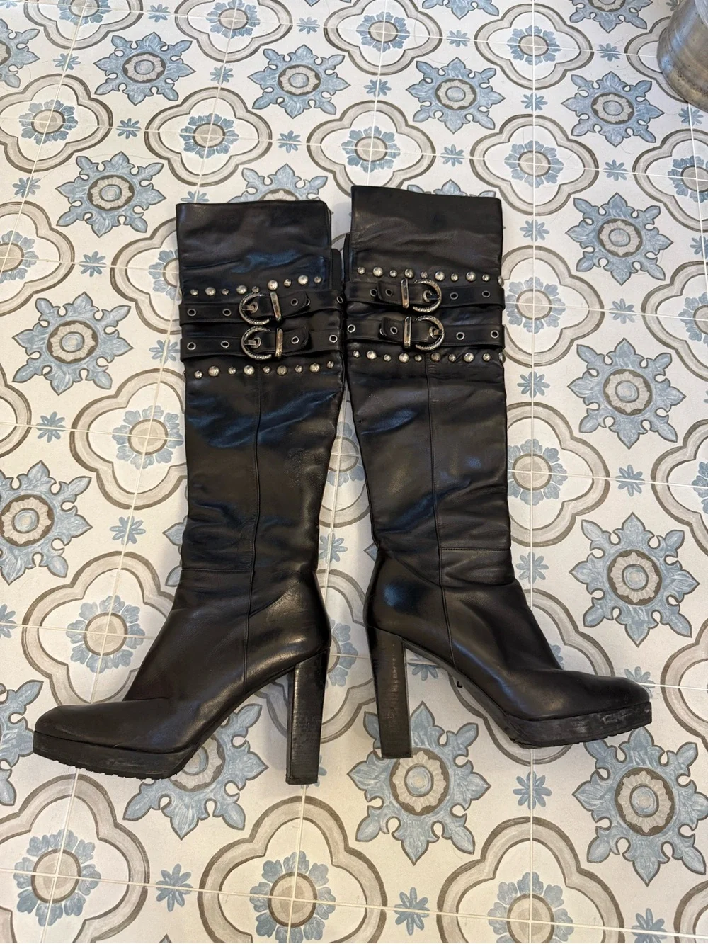 Stuart Weitzman Over the Knee - Black Studded Buckle Boots - 8.5